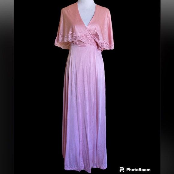 Vintage 1970s rose barbie pink wrap evening gown with lace cape capelet M
